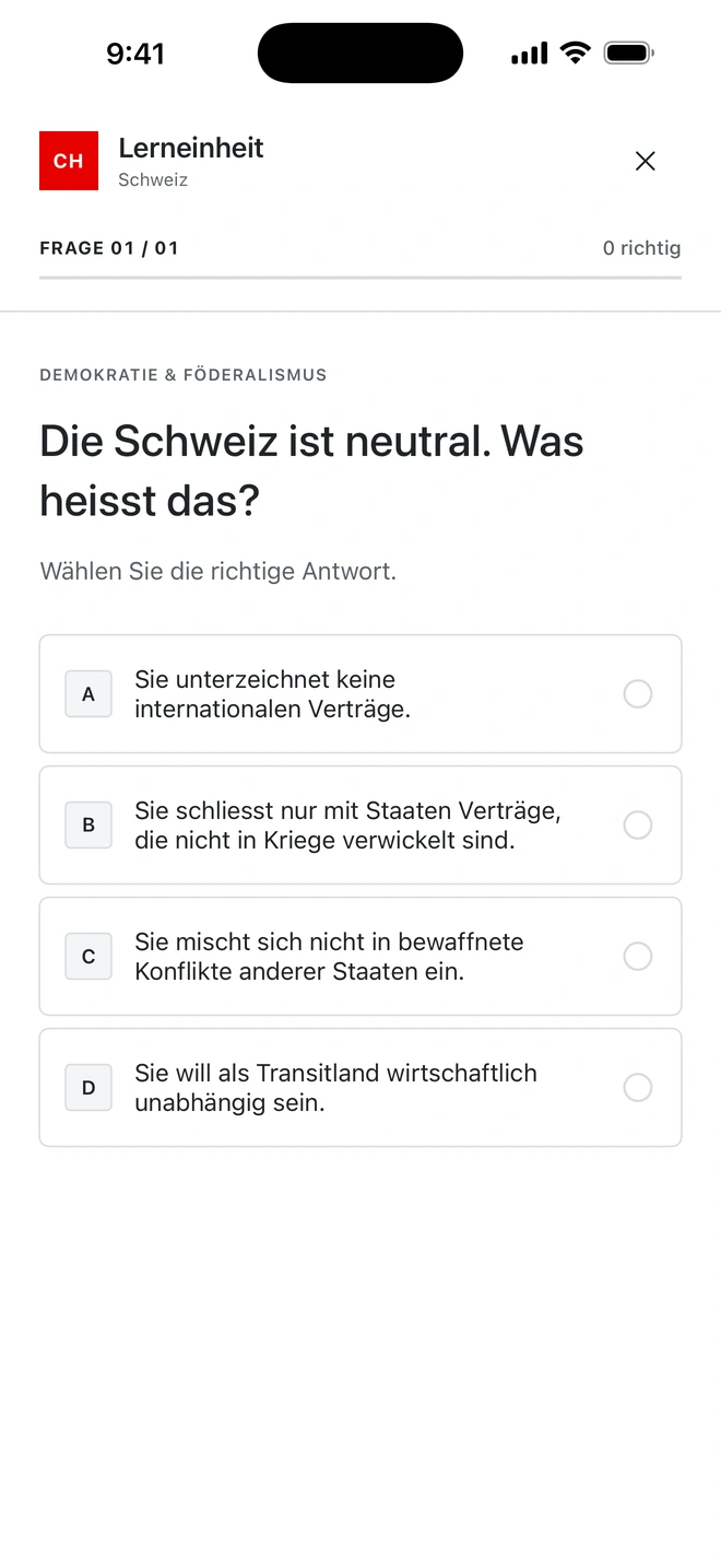 Practice question in the Switzerland app in German