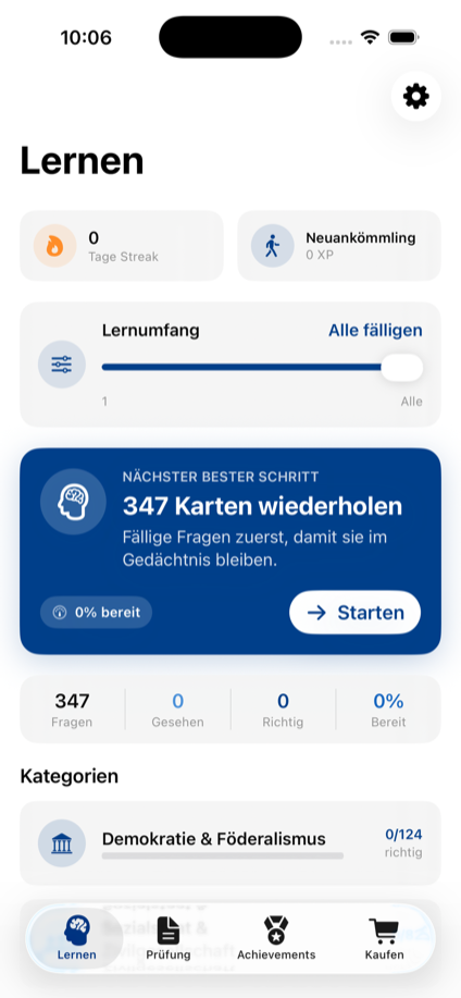 Zurich app learning overview with streak and XP