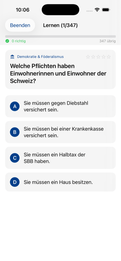 Zurich app quiz question screen